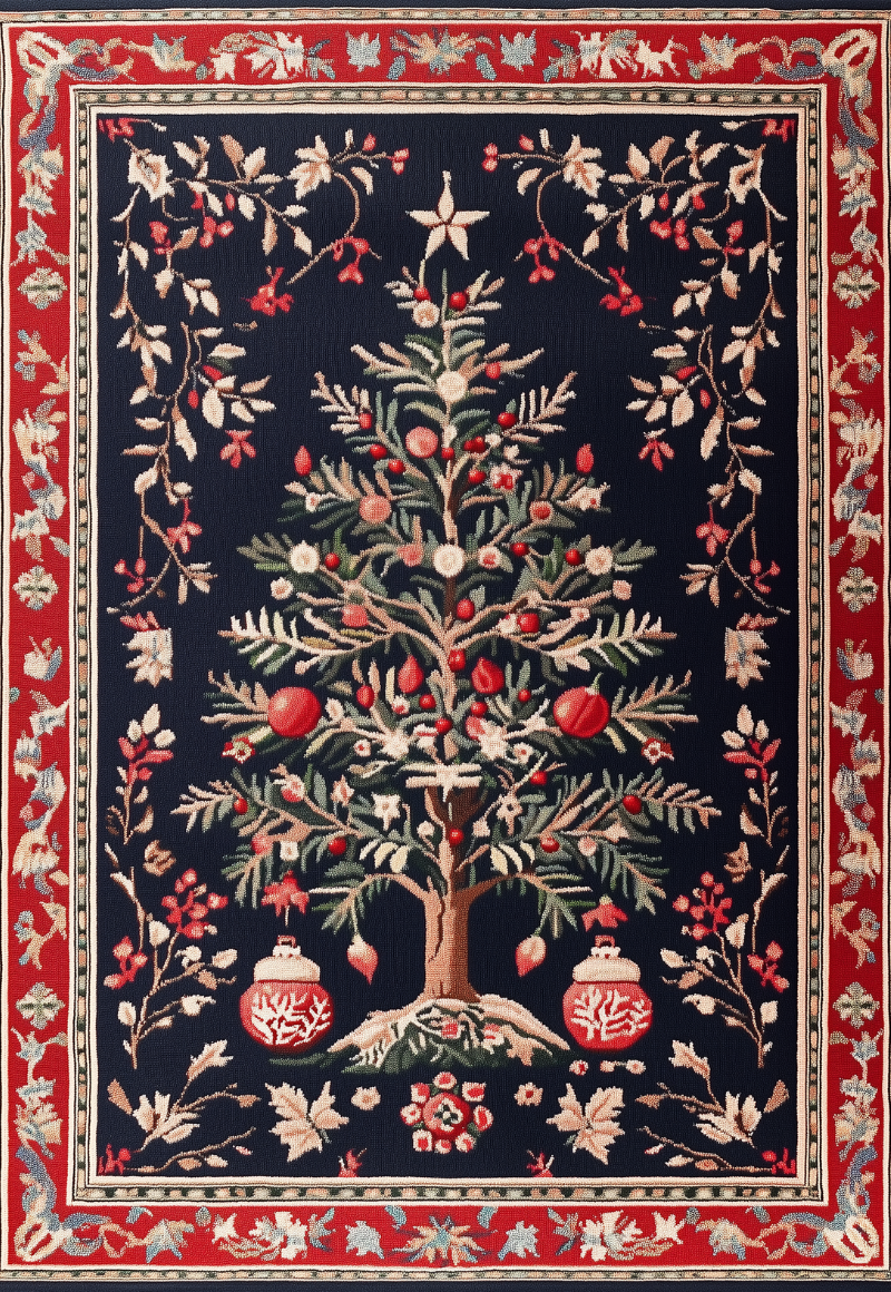 The Fir Wonderland Washable Area Rug - MDJ018 features a festive Christmas tree with red ornaments, intricate floral and leafy designs on a dark backdrop, and a red and blue border—ideal as a multicolor rug for busy spaces.