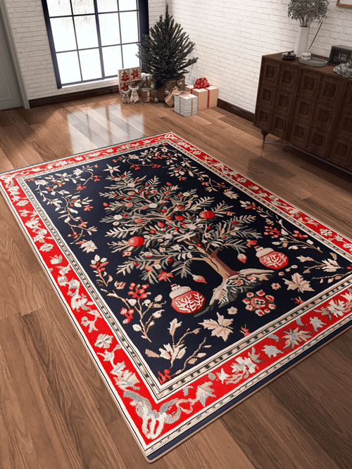 Load image 1 in gallery view. The Fir Wonderland Washable Area Rug - MDJ018 (Custom Size) with a tree and floral motif, navy center, and red border is shown on hardwood in a festive room—ideal for high-traffic spaces.