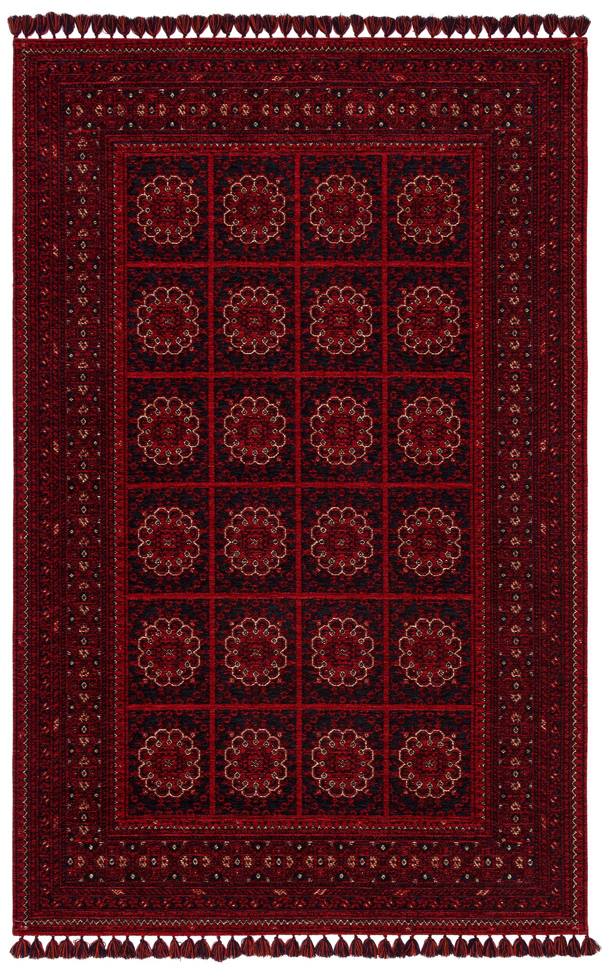 The Fire Ripple - Kilim - BHR03 is a rectangular red and black rug with Turkish-inspired floral medallion grids, intricate geometric borders, and decorative tassels on the short edges.