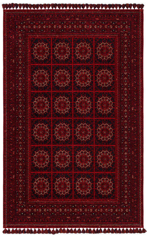 Bild 1 in Galerieansicht laden. The Fire Ripple - Kilim - BHR03 is a rectangular red and black rug with Turkish-inspired floral medallion grids, intricate geometric borders, and decorative tassels on the short edges.