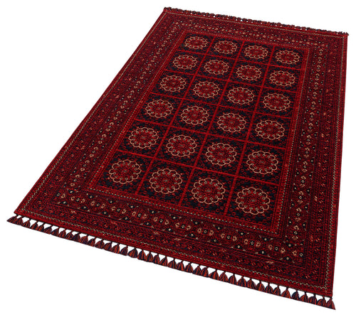 Bild 1 in Galerieansicht laden. The Fire Ripple - Kilim - BHR03 is a rectangular red chenille weave rug with a geometric border, circular floral patterns in rows, and fringed edges—ideal for adding elegance to your home décor.