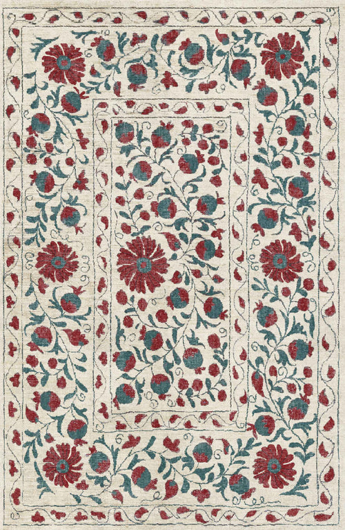 Load image 1 in gallery view. The Floral Ivory - Washable Rug - JRN1025 (Custom Size) features an intricate red and green floral pattern on a cream background with matching borders, making it ideal for high-traffic areas.