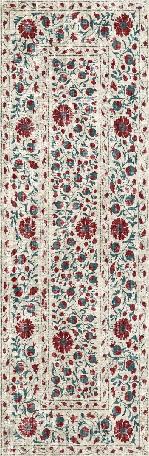 Load image 1 in gallery view. The Floral Ivory - Washable Rug - JRN1025 features an intricate red and blue floral pattern with green leaves on a cream background, bordered by matching smaller florals—perfect for high-traffic areas.