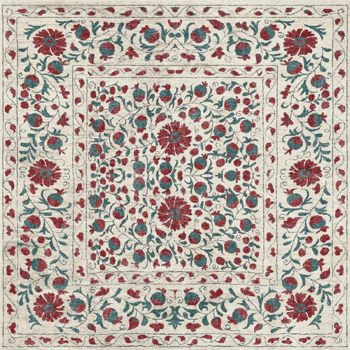 Load image 1 in gallery view. The Floral Ivory - Washable Rug - JRN1025 features intricate red and teal floral embroidery on a cream base with symmetrical flowers, leaves, and vines, plus a multi-banded floral border—perfect for high-traffic areas.