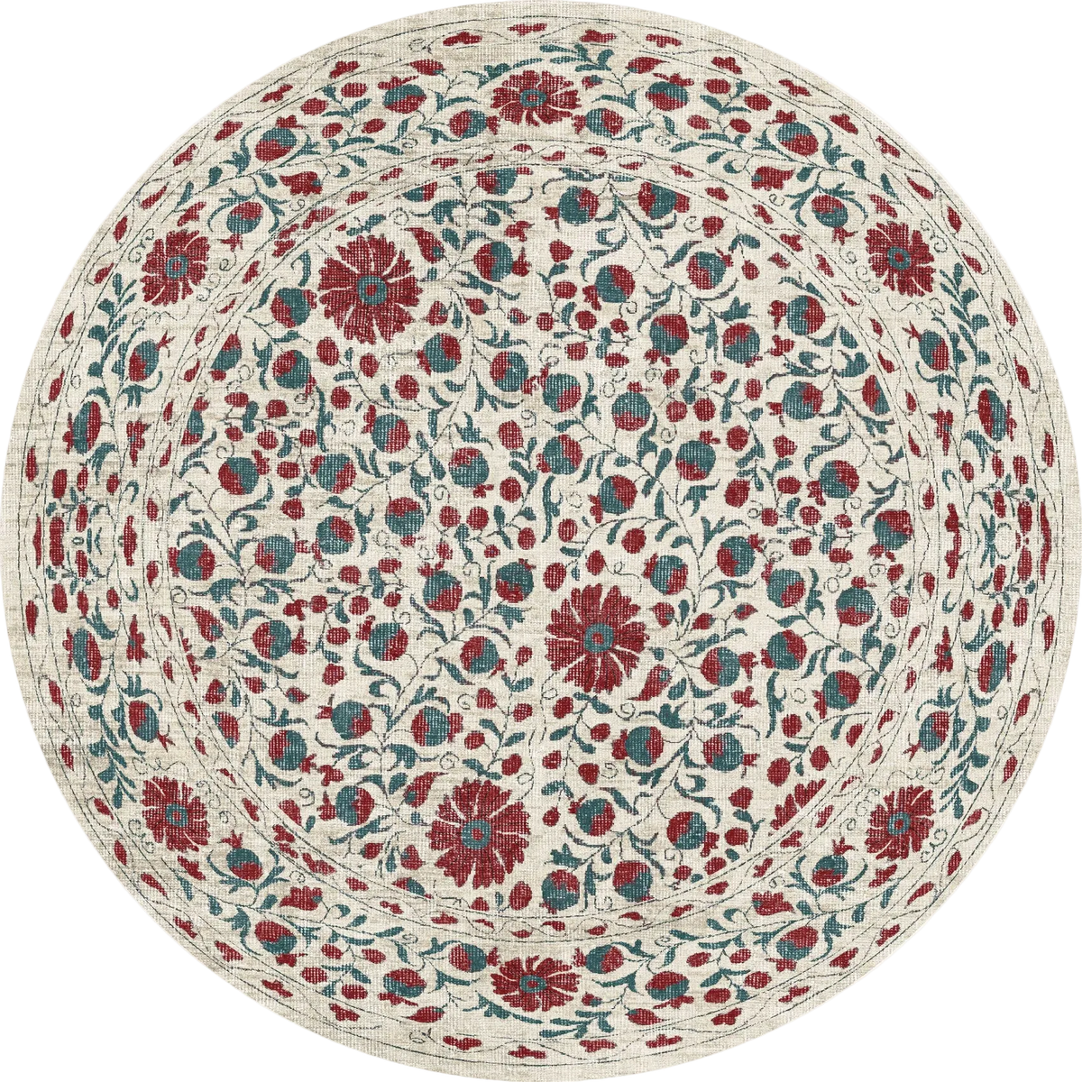 The Floral Ivory - Washable Rug (JRN1025) features a cream background with red floral and green leaf concentric circle patterns. Its detailed, symmetrical design is perfect for high-traffic areas, adding a classic, ornate touch.