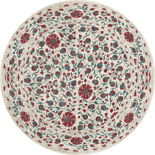 Load image 1 in gallery view. The Floral Ivory - Washable Rug (JRN1025) features a cream background with red floral and green leaf concentric circle patterns. Its detailed, symmetrical design is perfect for high-traffic areas, adding a classic, ornate touch.
