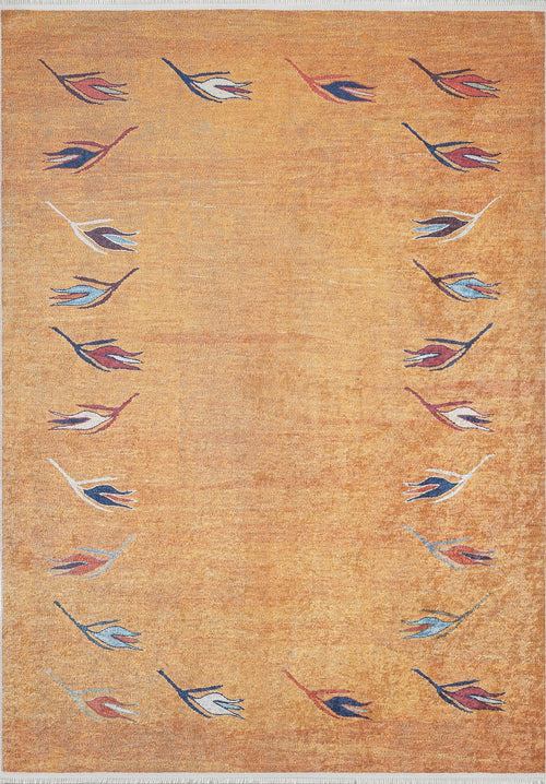 Load image 1 in gallery view. The Floral Mosaic - Washable Rug - JR1720 (Custom Size) is a rectangular orange rug with red, blue, white, and black abstract leaf motifs along the edges. Its minimal design and durable build make it ideal for high-traffic areas.