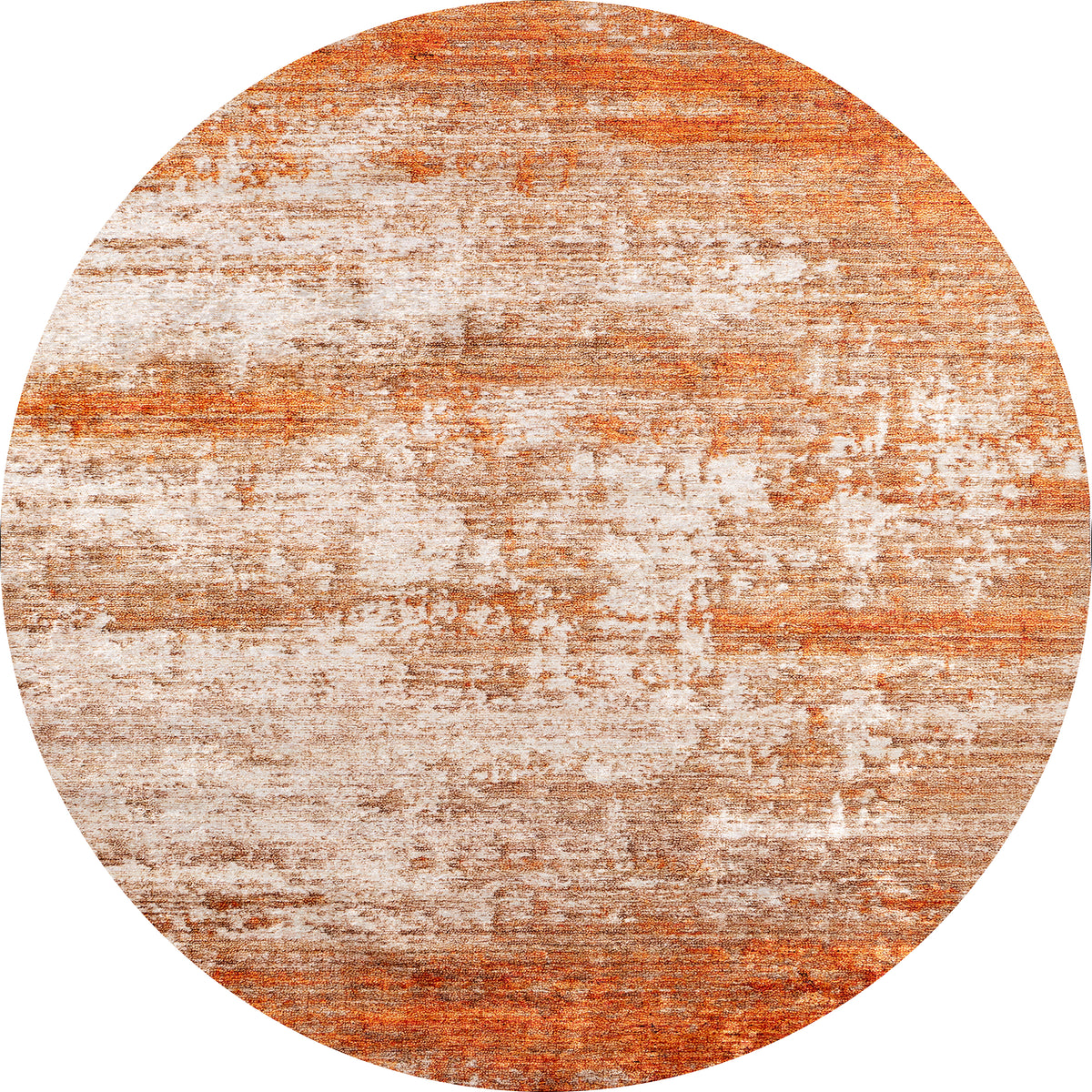 The Fluffy Brushed - Washable Rug - JR584 is a round, flat weave orange rug with textured rust and beige patterns for a distressed, vintage style. Its washable design adds convenience and elegance to any space.