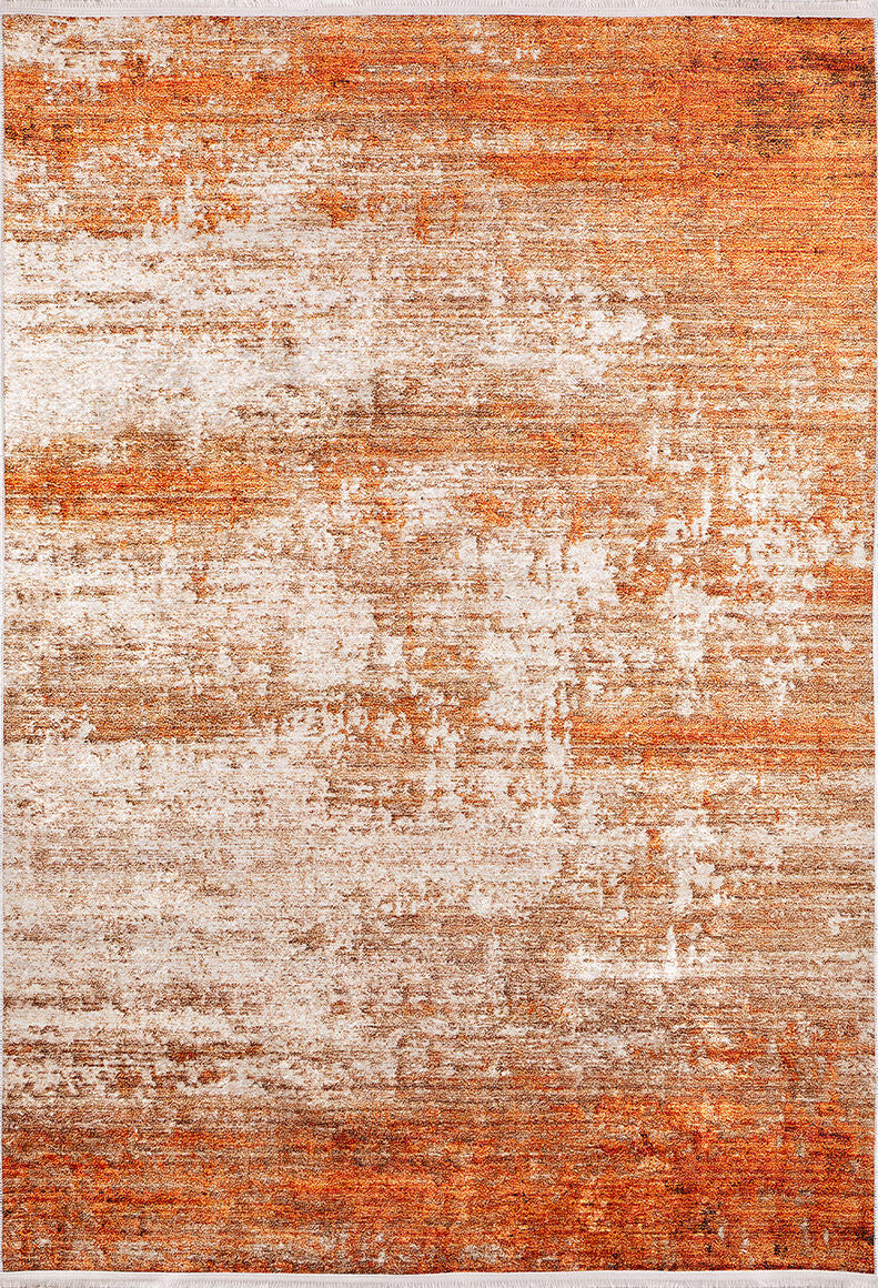 The Fluffy Brushed - Washable Rug - JR584 (Custom Size) features a rectangular shape with an abstract, weathered design in orange and beige, offering a warm, rustic look—ideal for high-traffic spaces.