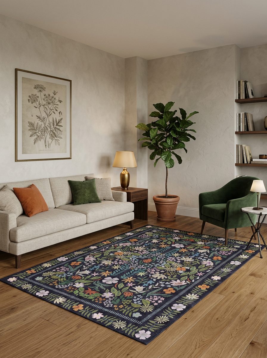 Dark navy rug with a colorful floral and botanical pattern, styled in a modern living room.