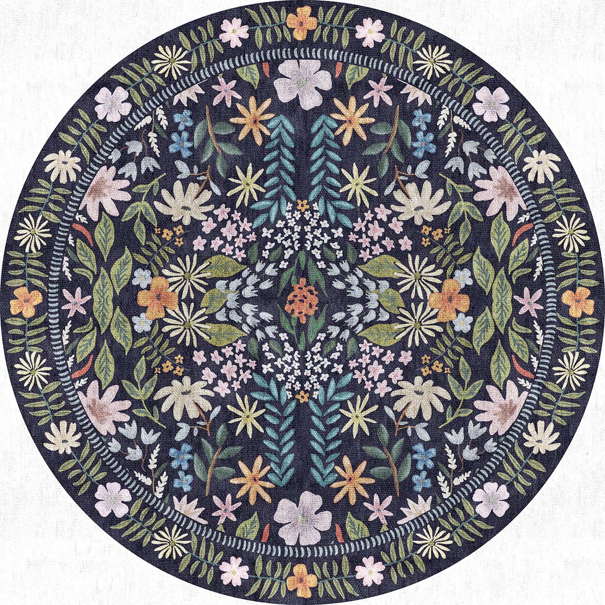 Round navy blue rug featuring a symmetrical botanical pattern of multicolored wildflowers and foliage.