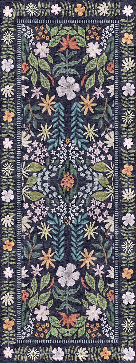 Load image 1 in gallery view. Navy blue runner rug with a symmetrical floral and vine pattern in shades of pink, orange, green, and cream.