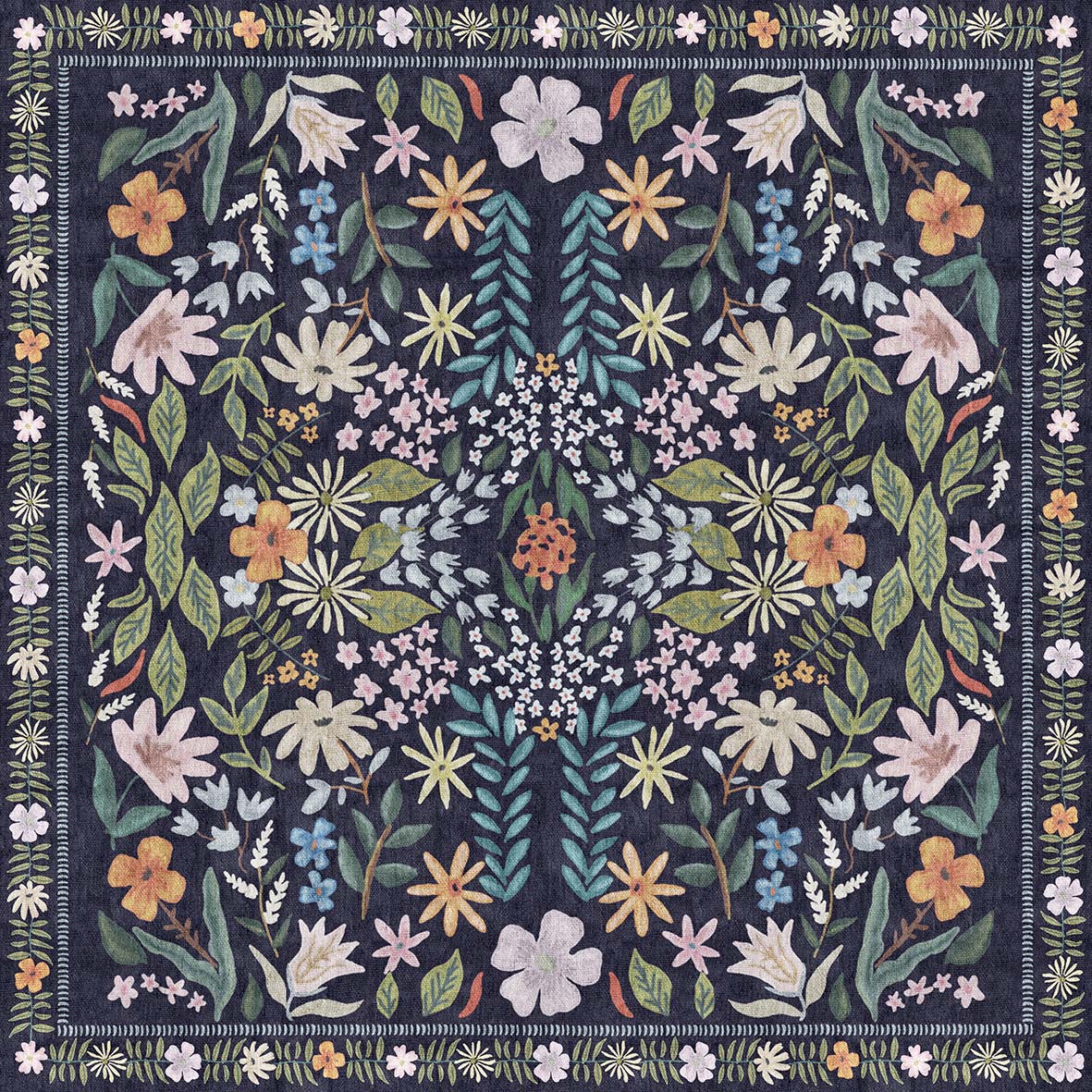 Navy blue rug with a symmetrical floral pattern in muted pink, yellow, and green, featuring a decorative leaf border.