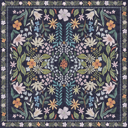 Load image 1 in gallery view. Navy blue rug with a symmetrical floral pattern in muted pink, yellow, and green, featuring a decorative leaf border.