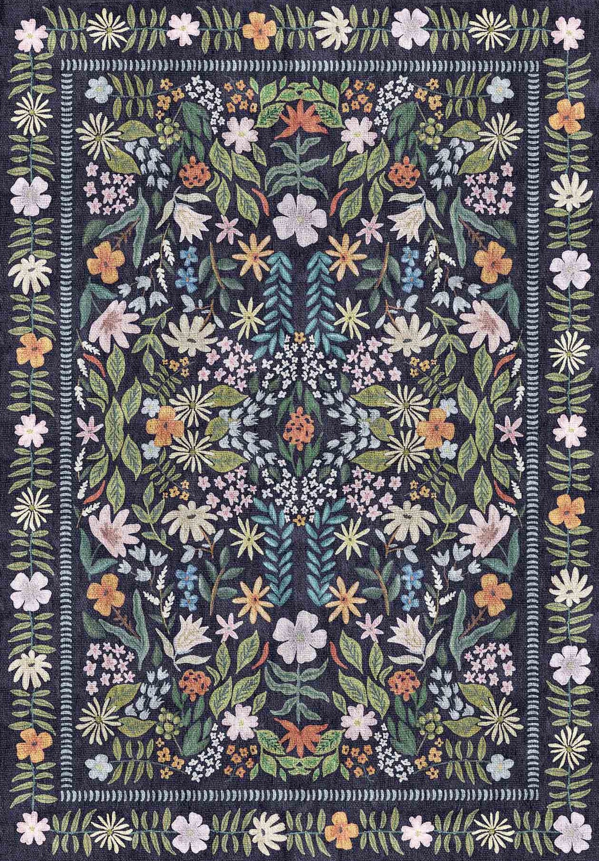 Navy blue rug with a symmetrical botanical pattern of multicolored flowers and leaves and a floral border.