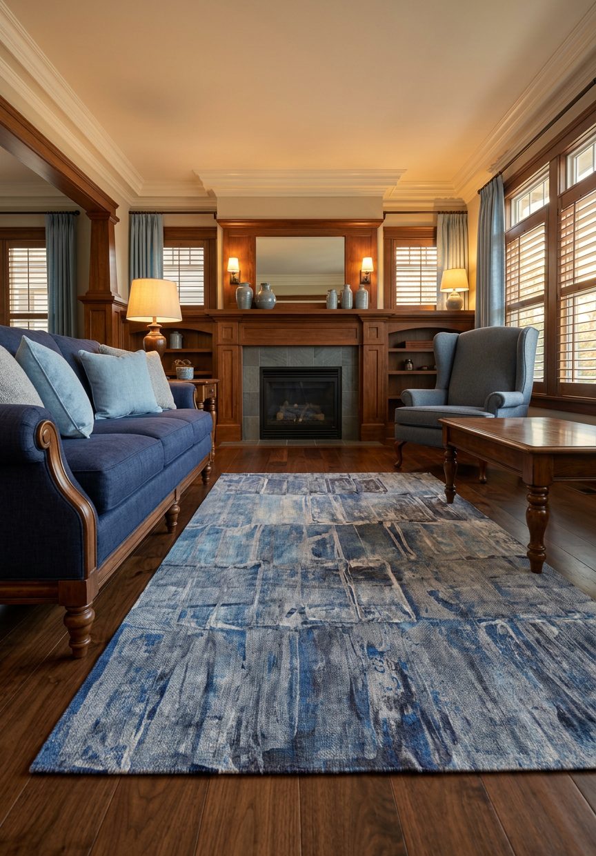 Blue and grey abstract patchwork rug in a traditional living room with wood trim and a fireplace.