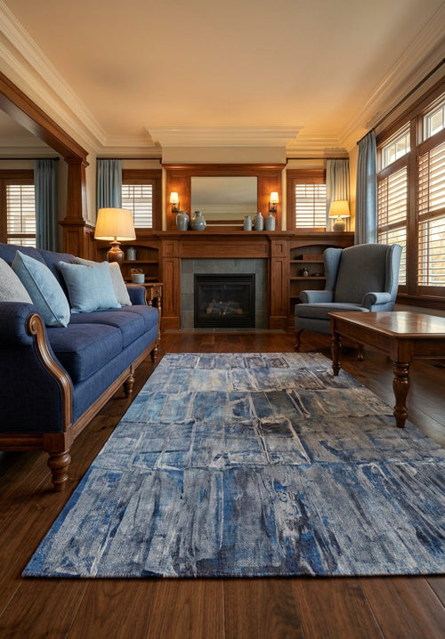 Load image 1 in gallery view. Blue and grey abstract patchwork rug in a traditional living room with wood trim and a fireplace.