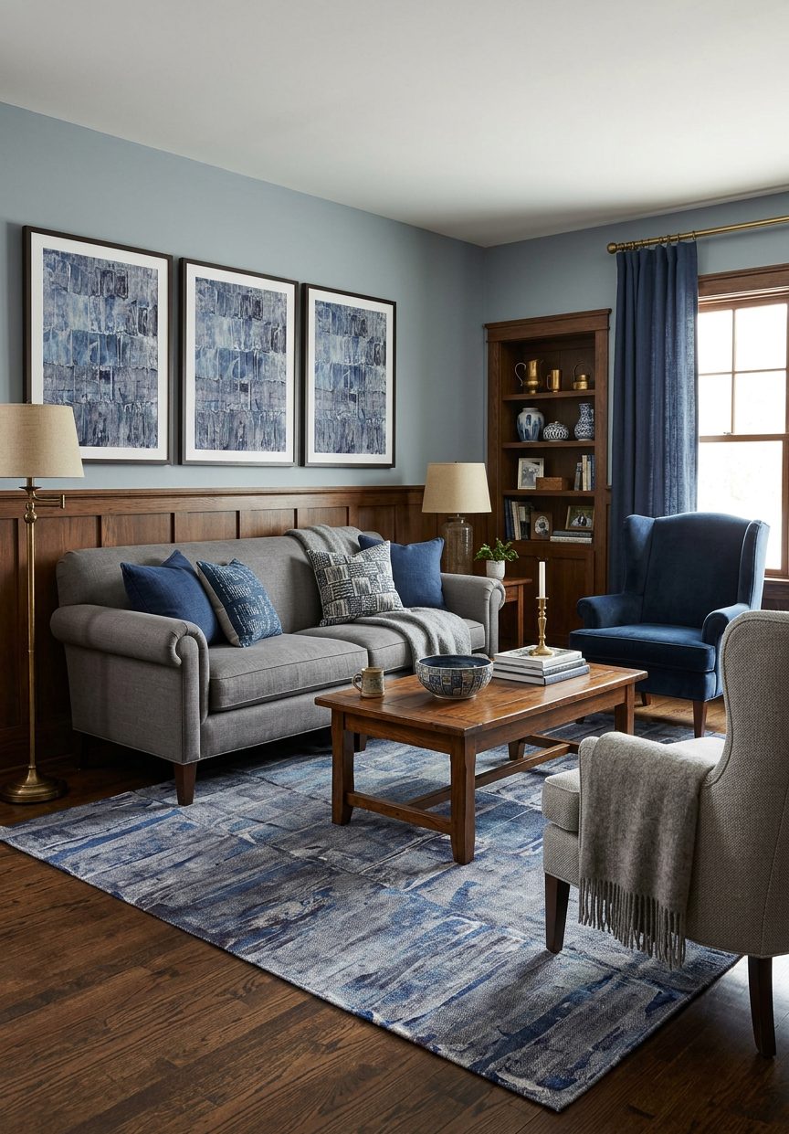 Blue and grey abstract grid-patterned rug in a traditional living room with wood paneling and blue furniture.