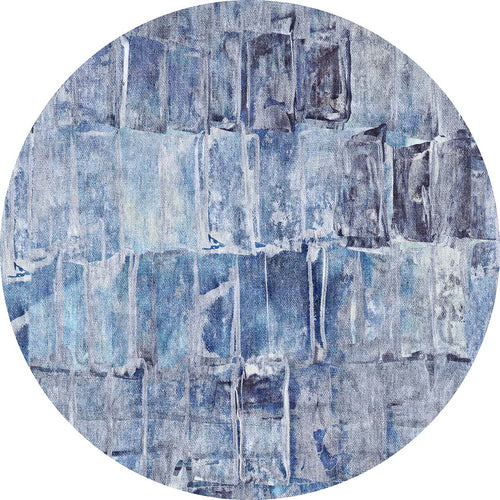 Load image 1 in gallery view. Circular rug with a blue and grey abstract grid pattern featuring distressed, painterly rectangular blocks.