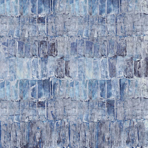 Load image 1 in gallery view. Blue and grey rug with an abstract, distressed block-print pattern.