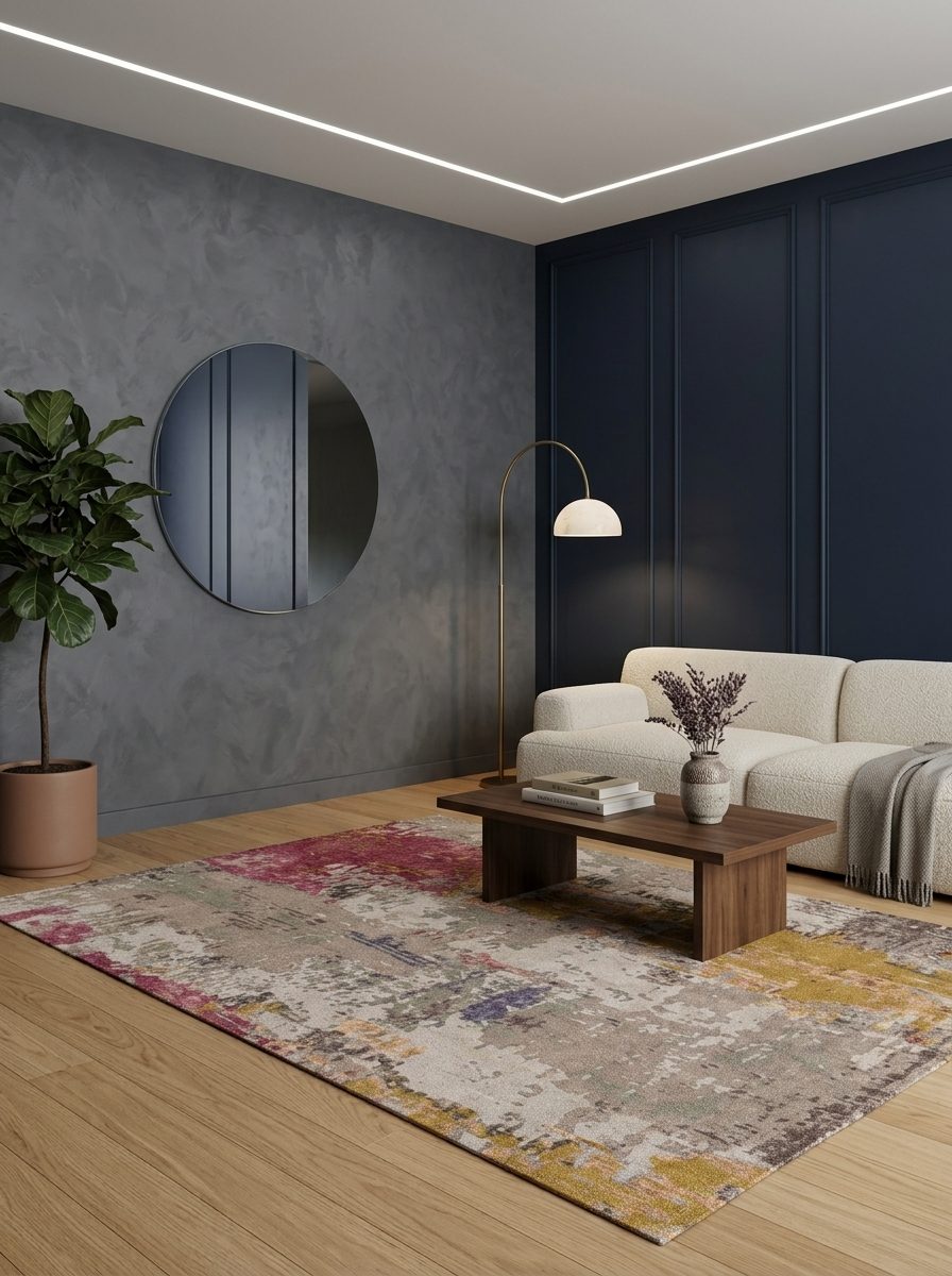 Multi-colored abstract rug with patches of magenta, gold, and grey, styled in a modern living room.