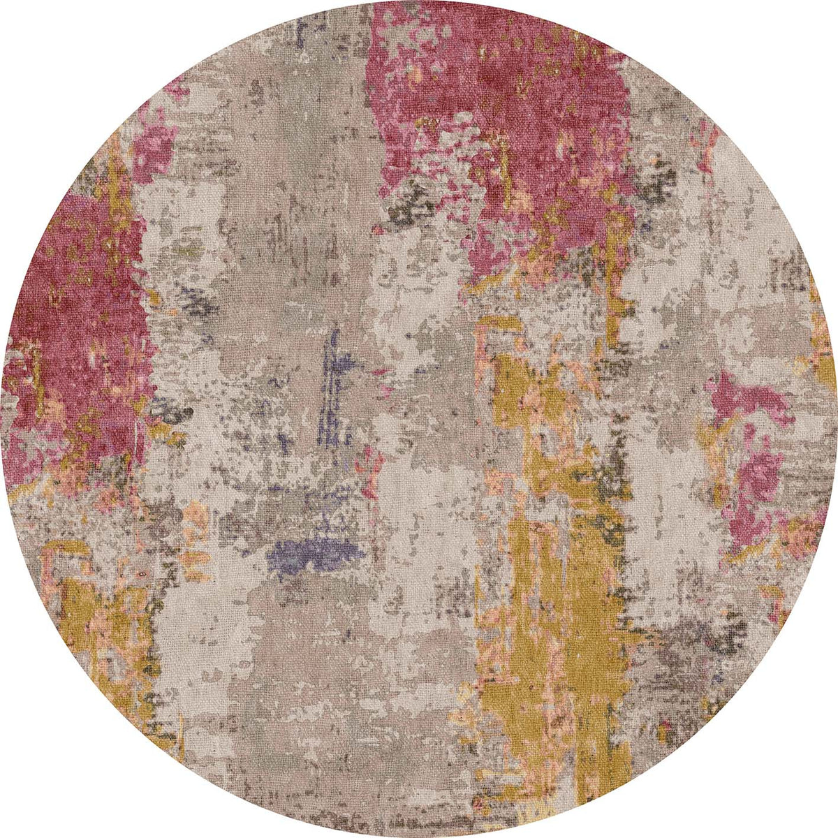 Round rug with an abstract, distressed pattern in shades of magenta, mustard yellow, grey, and cream.