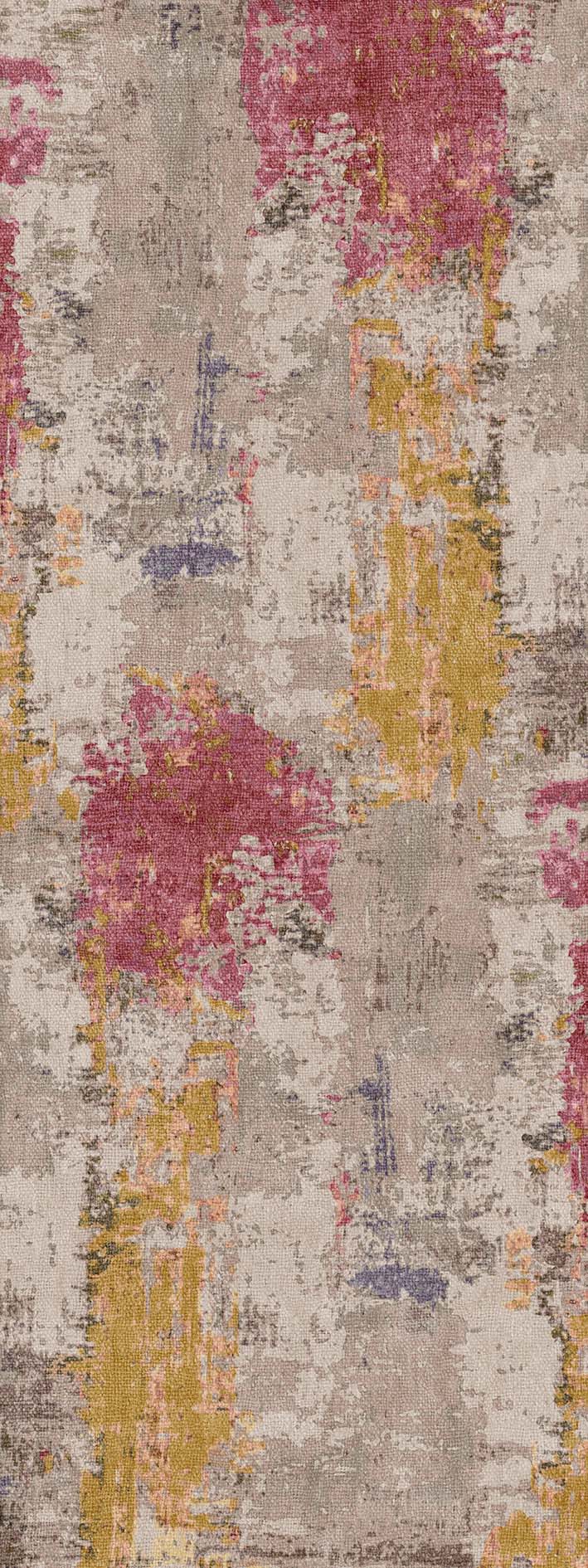 Abstract rug with a distressed, painterly pattern in shades of magenta, mustard yellow, and grey on a beige background.