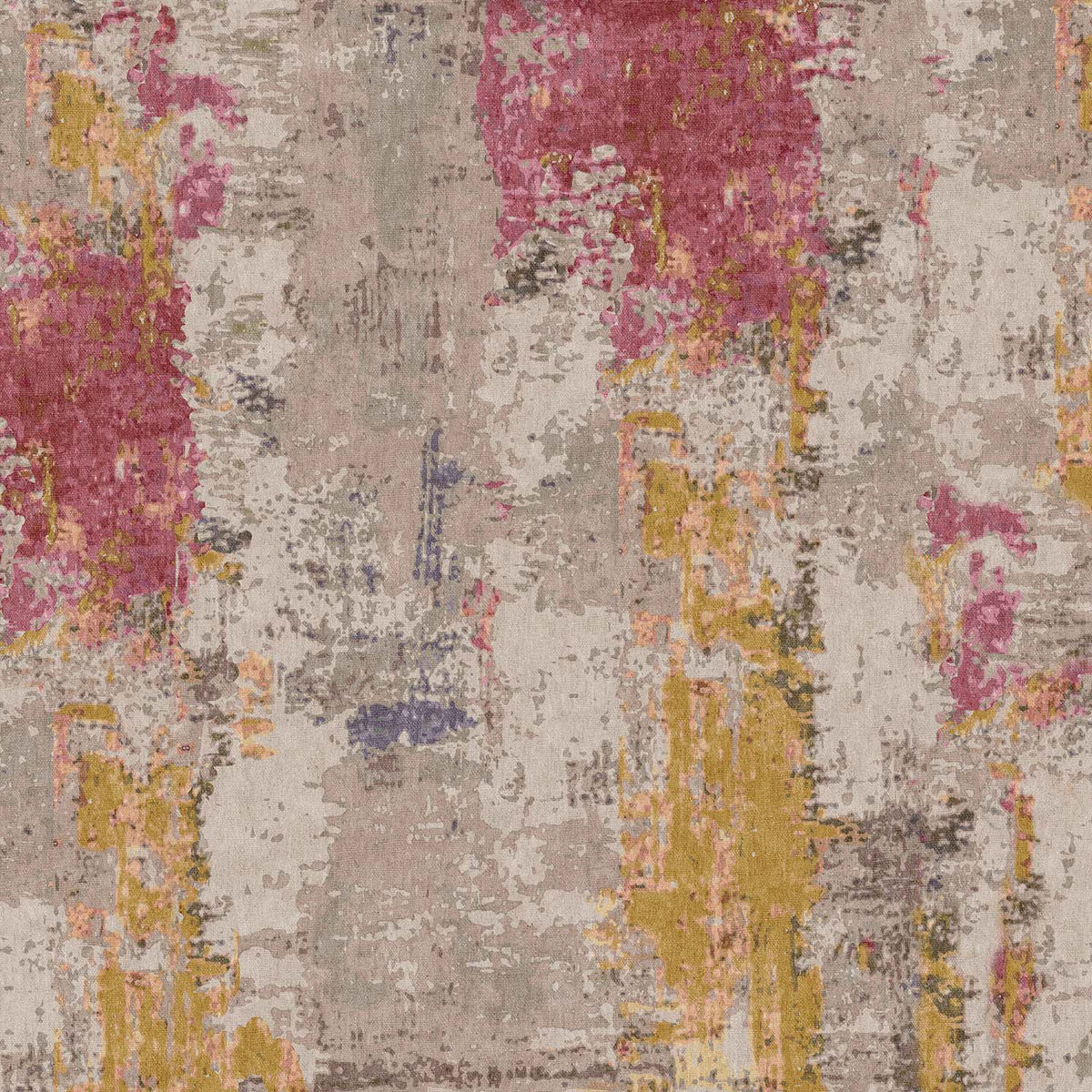 Abstract rug with a distressed, painterly pattern in shades of magenta, mustard yellow, and grey on a beige background.