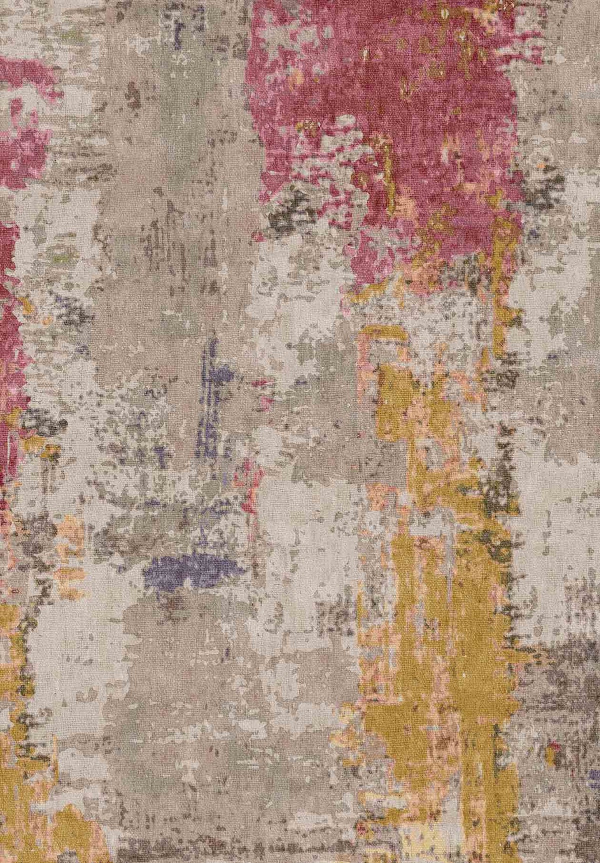 Abstract rug with a distressed, painterly pattern in shades of magenta, mustard yellow, grey, and cream.