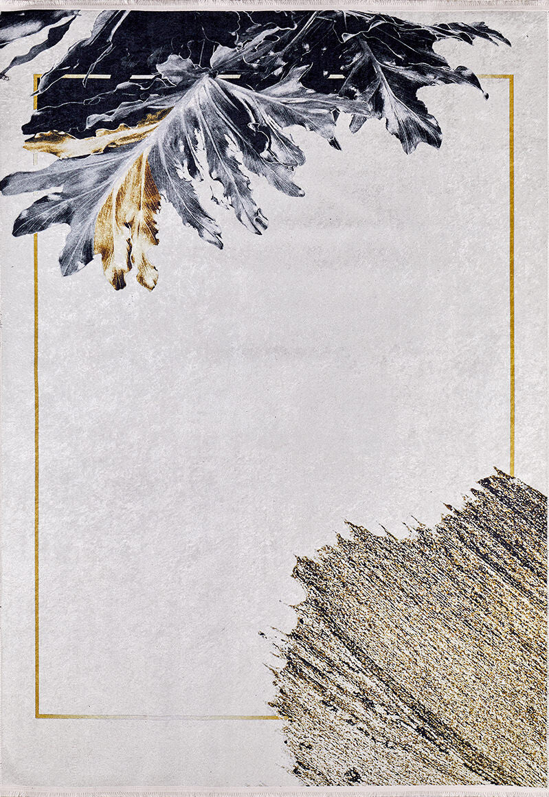 The Funky Floral Frenzy - Machine-Washable Rug JR1376 features dark, textured leaves and brushstroke accents on a light gray background with a gold border—ideal cream and beige inspiration for high-traffic areas. Custom sizes available.