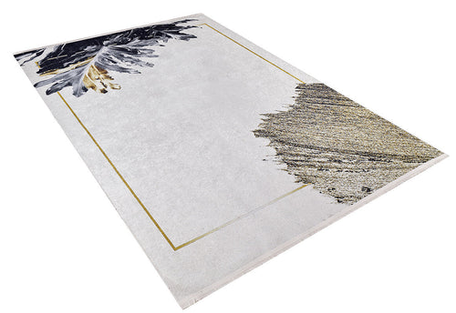 Bild 1 in Galerieansicht laden. The Funky Floral Frenzy - Machine-Washable Rug JR1376 features a rectangular, mostly white design with gold border lines, a black and gold abstract leaf in one corner, and a textured gold and gray pattern in the opposite corner—ideal for high-traffic areas.