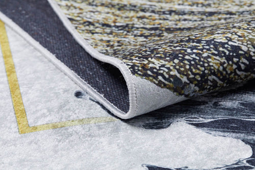 Bild 1 in Galerieansicht laden. Close-up of the Funky Floral Frenzy - Machine-Washable Rug JR1376 (Custom Size), showing its textured corner in gray, black, white, and yellow—perfect for high-traffic areas.