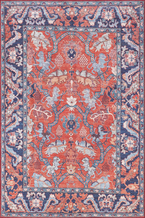 Load image 1 in gallery view. The Galea Turkish-Design Coral Washable Rug (LCC3027) features a red center, floral and geometric accents, plus a detailed blue border with cream, gold, and dark blue motifs—stylish and durable for high-traffic areas.