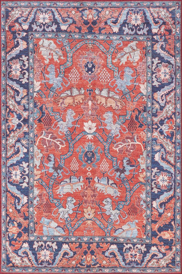 The Galea Turkish-Design Coral Washable Rug (LCC3027) features a red center, floral and geometric accents, plus a detailed blue border with cream, gold, and dark blue motifs—stylish and durable for high-traffic areas.