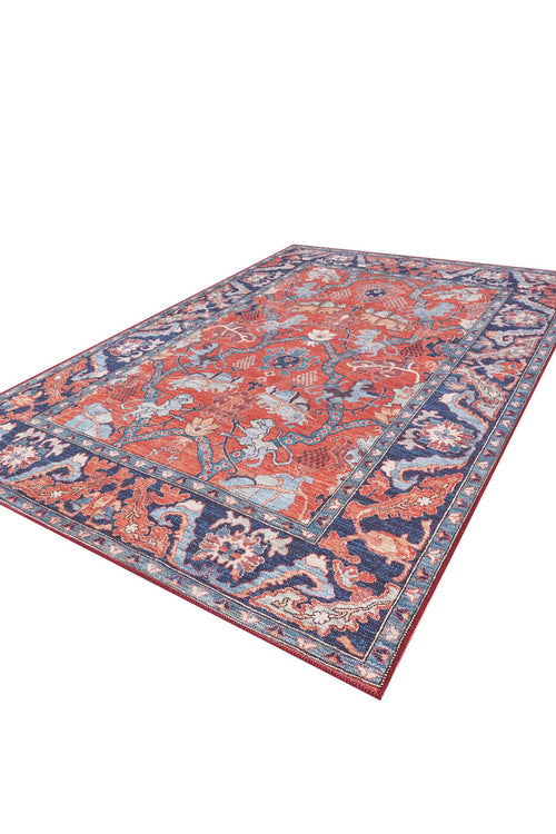 Load image 1 in gallery view. The Galea Turkish-Design Coral Washable Rug (LCC3027) features an ornate floral and geometric pattern in red, blue, and beige with a wide blue border—ideal for high-traffic areas. Shown on a white background.