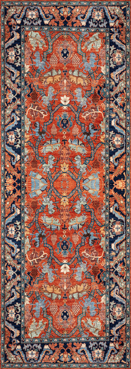 Load image 1 in gallery view. The Galea Turkish-Design Coral Washable Rug (LCC3027) features a Persian-style look with ornate floral and geometric patterns in red, blue, cream, and gold. Its durable, washable design is ideal for high-traffic areas.