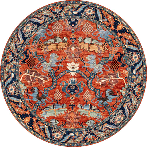 Load image 1 in gallery view. The Galea Turkish-Design Coral Washable Rug (LCC3027) is round, with intricate red, blue, gold, and cream patterns. Stylish and durable, its floral and geometric motifs make it ideal for high-traffic areas.