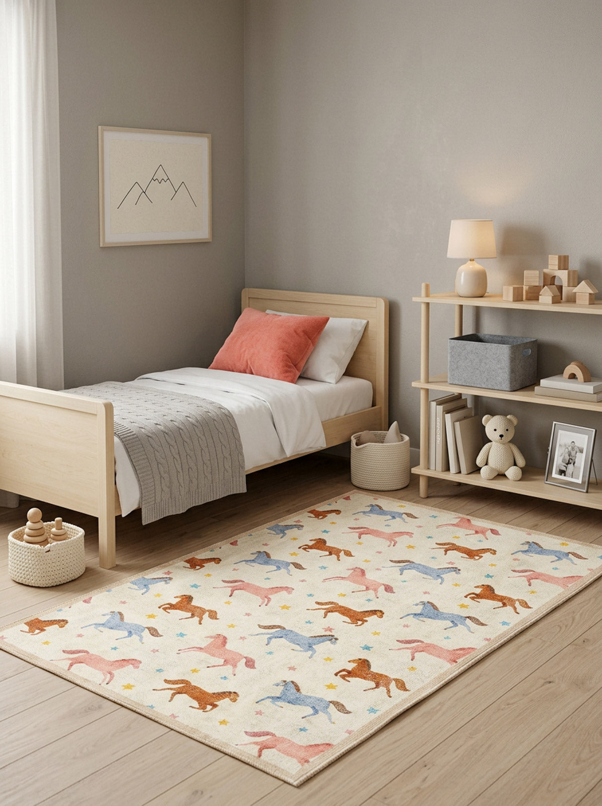 Cream rug with a repeating pattern of blue, pink, and brown horses and small stars, styled in a child's bedroom.