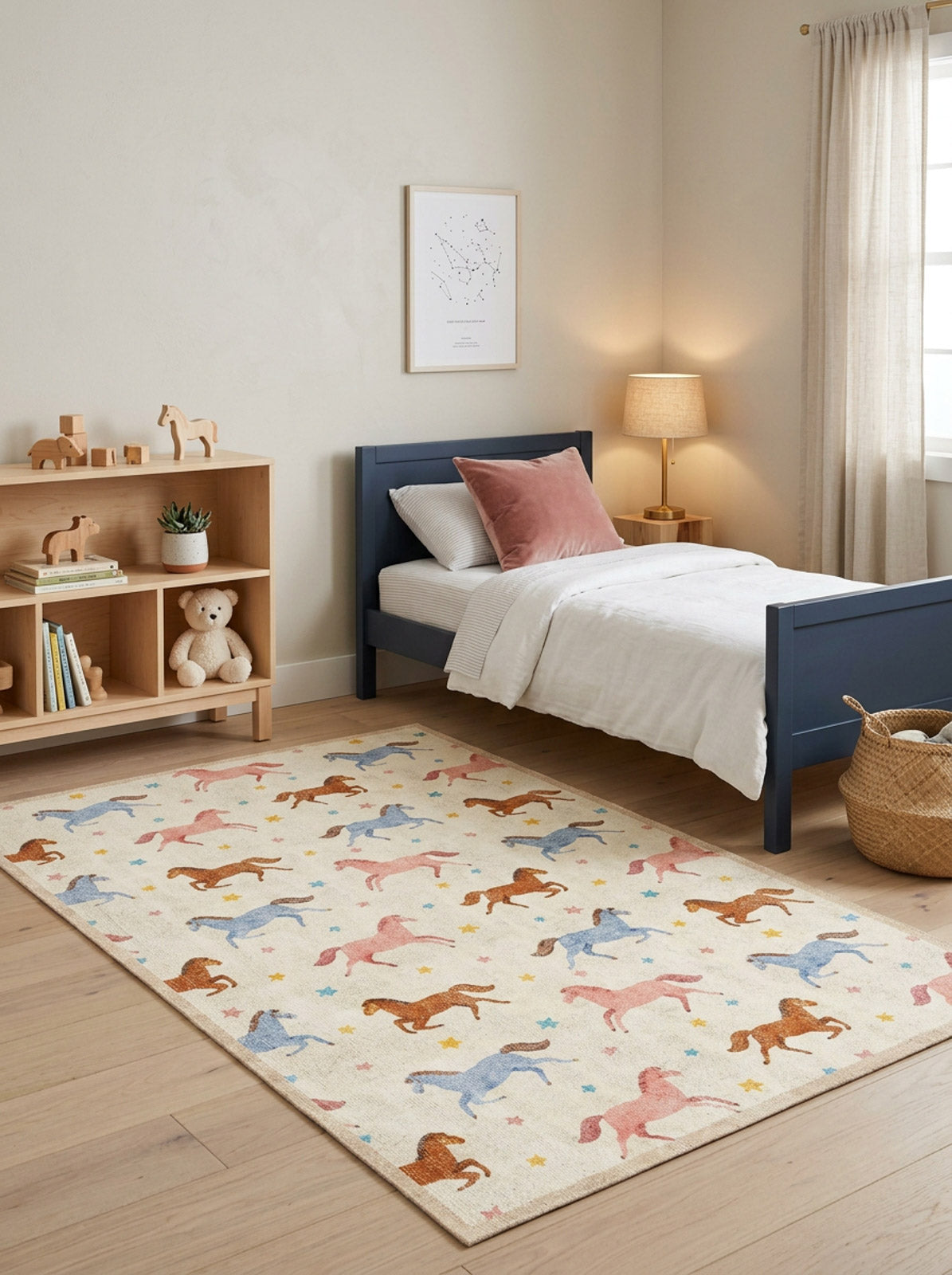 Cream rug with a repeating pattern of blue, pink, and brown horses and small stars, styled in a child's bedroom.