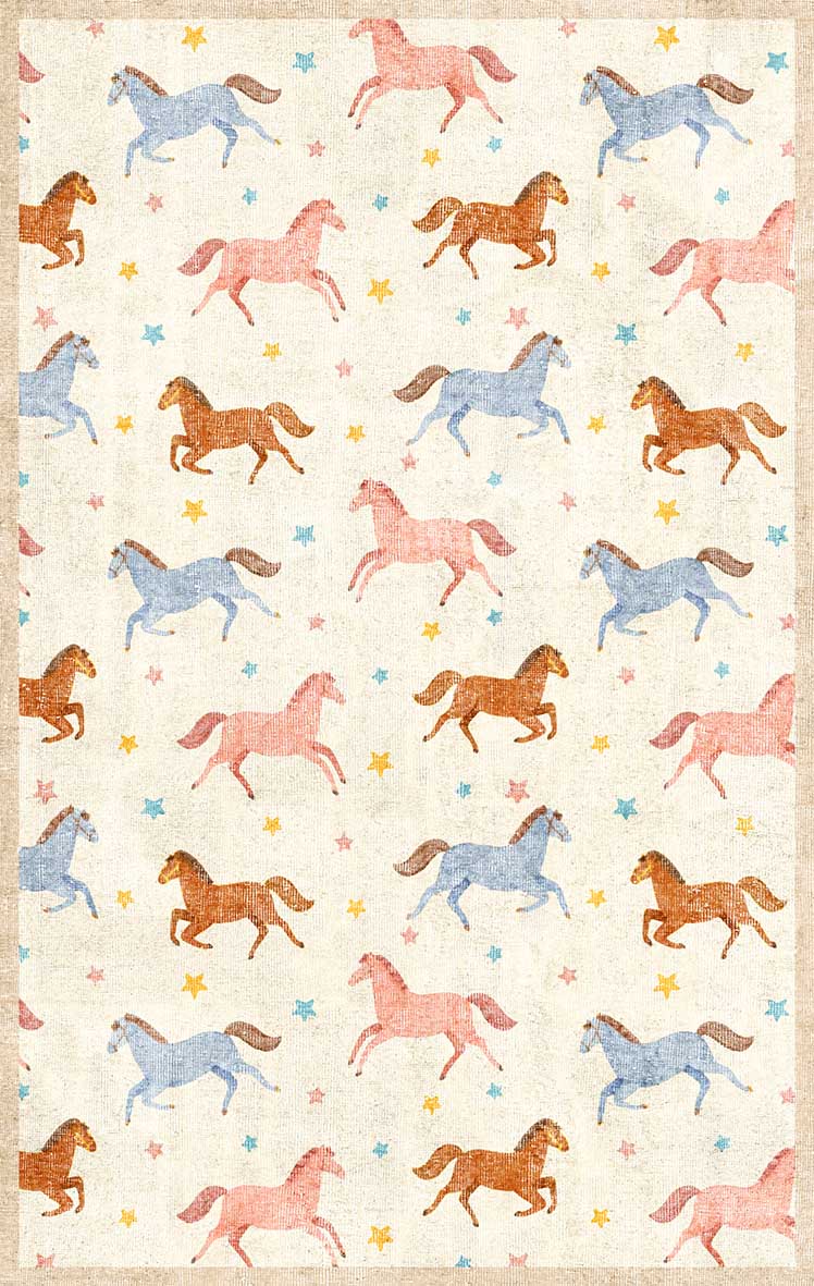 Cream rug featuring a repeating pattern of blue, pink, and brown horses interspersed with small yellow and blue stars.