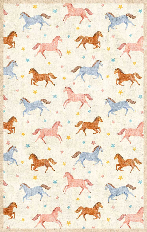Load image 1 in gallery view. Cream rug featuring a repeating pattern of blue, pink, and brown horses interspersed with small yellow and blue stars.
