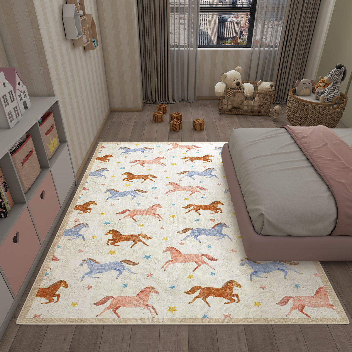 Cream rug with a repeating pattern of blue, pink, and orange horses and small stars, styled in a child's bedroom.