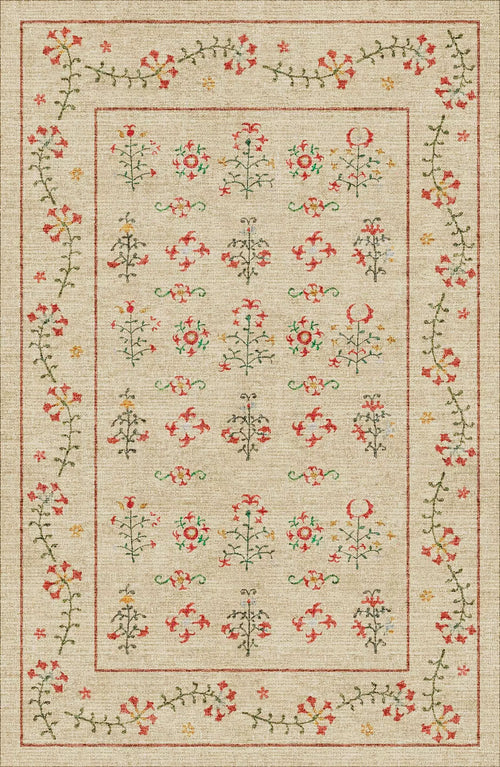 Bild 1 in Galerieansicht laden. The Garden Cream - Washable Rug (JRN1026) is a rectangular beige rug with colorful embroidered red, yellow, and green flowers in rows and a vine border—ideal for allergy-sensitive homes and high-traffic areas.