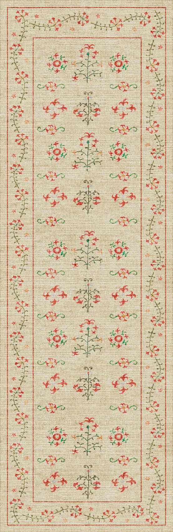 The Garden Cream - Washable Rug (JRN1026) is a rectangular beige rug with red, green, and orange floral patterns. Its durable, washable design suits high-traffic spaces. A vine-bordered center displays delicate rows of flower motifs.
