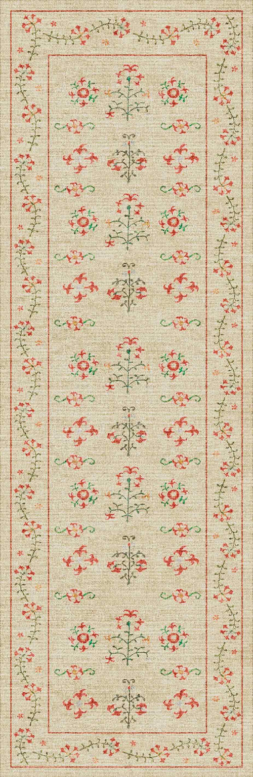 Bild 1 in Galerieansicht laden. The Garden Cream - Washable Rug (JRN1026) is a rectangular beige rug with red, green, and orange floral patterns. Its durable, washable design suits high-traffic spaces. A vine-bordered center displays delicate rows of flower motifs.