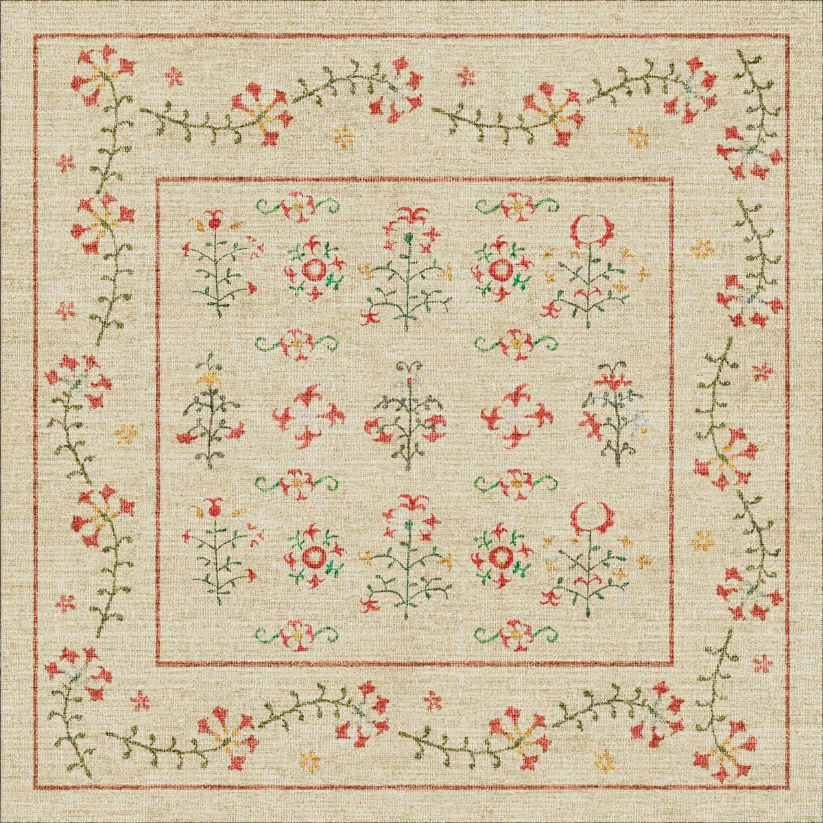 The Garden Cream - Washable Rug - JRN1026 is a square beige rug with red, green, and yellow embroidered floral patterns and a vine-bordered edge—durable, stylish, and perfect for high-traffic areas.