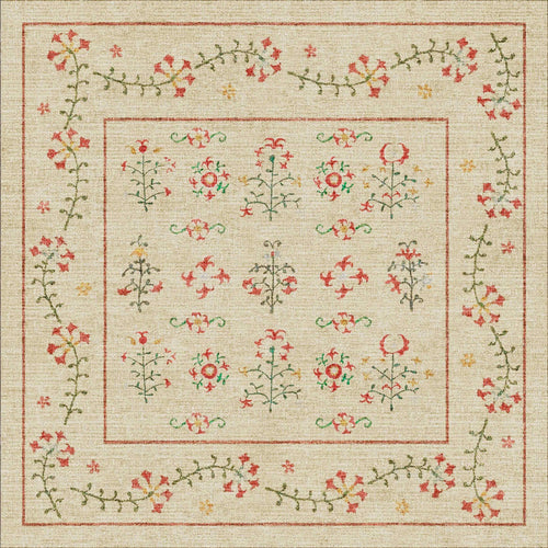 Bild 1 in Galerieansicht laden. The Garden Cream - Washable Rug - JRN1026 is a square beige rug with red, green, and yellow embroidered floral patterns and a vine-bordered edge—durable, stylish, and perfect for high-traffic areas.