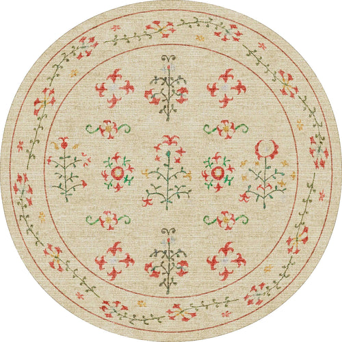Bild 1 in Galerieansicht laden. The Garden Cream - Washable Rug (JRN1026) is a round beige rug with red, green, and yellow embroidered floral patterns and vines. Symmetrical blooms decorate the center and border. Machine-washable—ideal for high-traffic areas.