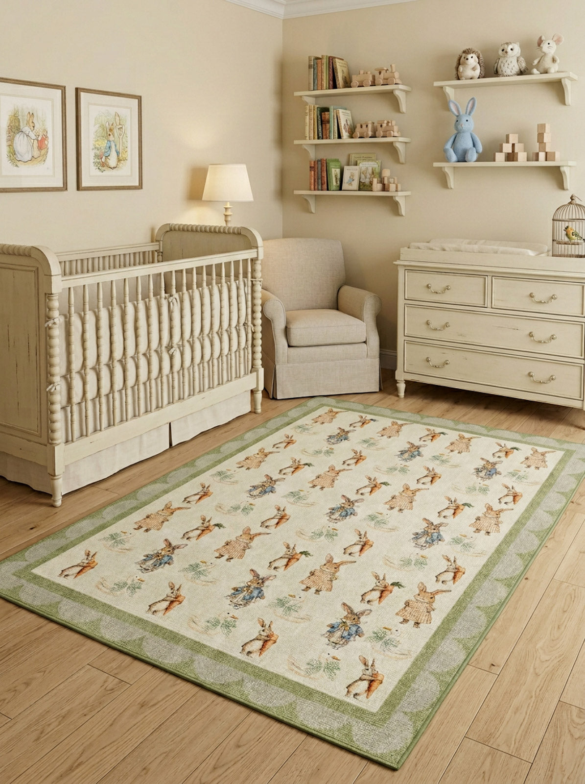 Cream rug with a repeating Peter Rabbit pattern and green scalloped border, styled in a nursery.
