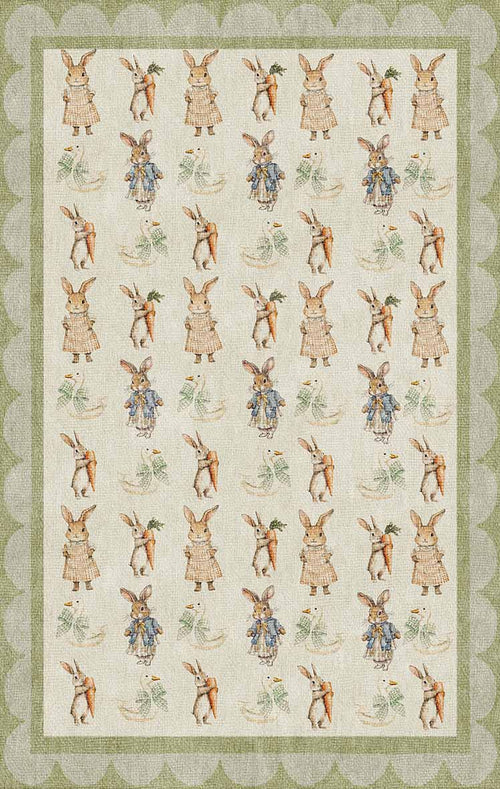 Bild 1 in Galerieansicht laden. Cream rug with a repeating pattern of Beatrix Potter-style rabbits and ducks, framed by a scalloped sage green border.